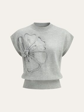 Commense Flower Applique Cap Sleeve Knit Top